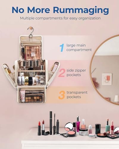 BAGSMART Toiletry Bag Travel Makeup Bag with Hanging Hook, Cosmetic Bag Make Organizer Case, Large Capacity Water-resistant Organizer for Toiletries Accessories Brushes Sponge, Beige