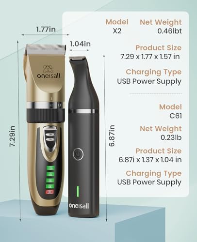 oneisall Dog Grooming Clippers and Dog Paw Trimmer Kit 2 in 1 Quiet Cordless Dog Clippers for Grooming Pet Hair Paws Trimmers for Small Dogs Cats Animals