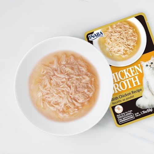 Inaba Chicken Broth, Shredded Chicken & Broth Side Dish/Topper for Cats with Vitamin E, 1.76 Ounce Pouch, 8 Pouches Total, Chicken and Salmon Recipe