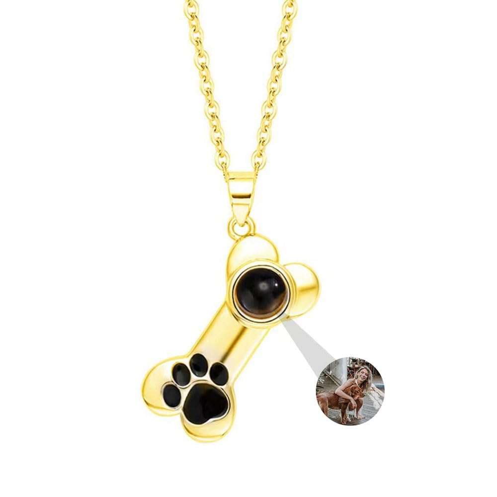 Wexibauyl Personalized Photo Necklace Custom Photo Projection Necklaces Dog Bone with Paw Print Pendant Necklace with Picture Inside Pet Dog Cat Memorial Necklace for Pet Lover Women Men