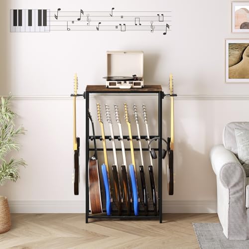 Guitar Stand for Acoustic Holder, Electric Guitar, Bass, Ukulele, Multiple Guitar Rack Holder, Floor Adjustable for Guitars, Guitar Amp Accessories, for Home Music Studio, Rustic Brown GSHR6701
