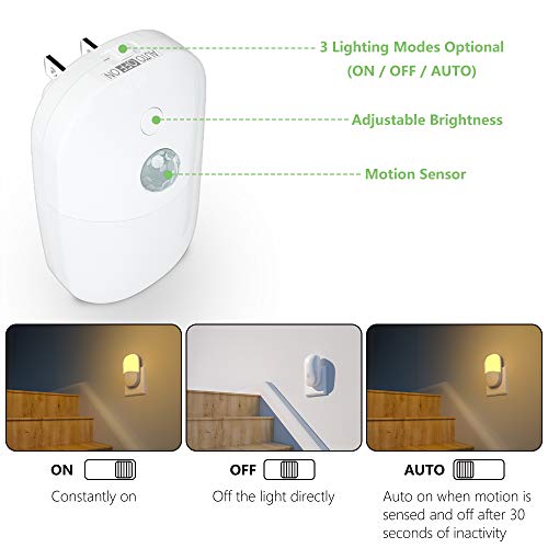 MAZ-TEK Plug in Motion Sensor Dimmable Night Light, Soft Warm White LED Nightlight with Dusk to Dawn Motion Sensor, Adjustable Brightness for Bedroom, Bathroom, Kitchen, Hallway, Stairs,2 Pack