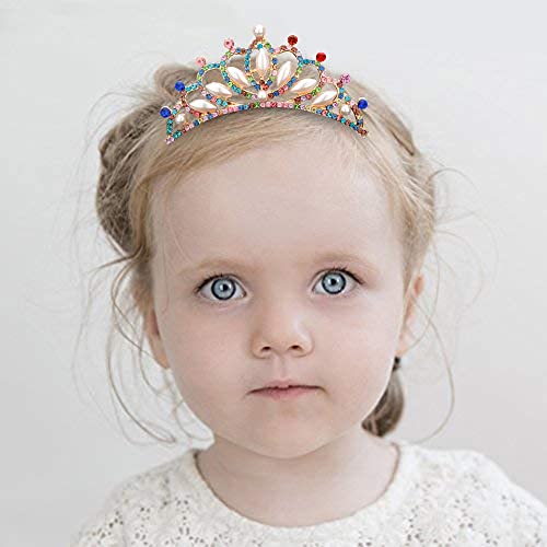 ANBALA Small Tiara Crown with Hair Comb, 3 Pack Mini Tiara Crown Princess Crystal Shiny Hair Accessories for 2 3 4 5 6 7 8 9 Years Girls Hair Dectoration Styling (Gold + 7 Color Crystal)