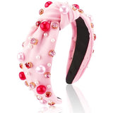 AHONEY Pink Headband Hair Accessories for Women Girls Knotted Headband Pearl Crystal Knotted Jeweled Wide Top Knot Headband Valentine’s Day Gifts (Pink)