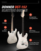 Donner Electric Guitar, DST-152 39" Electric Guitar Starter Kit HSS Pickup Coil Split, with Amp, Bag, Accessories, Polar White