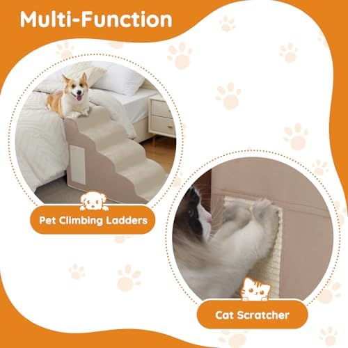 Pet Stairs for Small Dogs - 5-Step Curved Dog Ramp for Bed, Couch, Sofa, Car and Chairs - Non-Slip Bottom Design - Cat Scratching Board - High Density Foam Portable Pet Step - Beige