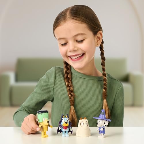 Bluey Figure 4-Packs, Halloween, 2.5" Poseable Figures of Bluey, Bingo, Chloe & Lucky Dressed in Halloween Costumes, with Accessories, Kids Can Recreate Their Favorite Moments from The Bluey TV Show