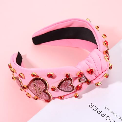 Valentine's Day Headbands for Women Glitter Happy Valentines Day Heart Headband Pink Red Heart Crystal Knotted Headband Valentine's Day Hair Accessories Party Decor Gifts (Happy Valentines Day)