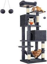 Feandrea Cat Tree, 61-Inch Cat Tower for Indoor Cats, Plush Multi-Level Cat Condo with 5 Scratching Posts, 2 Perches, 2 Caves, Hammock, 2 Pompoms, Smoky Gray UPCT192G01