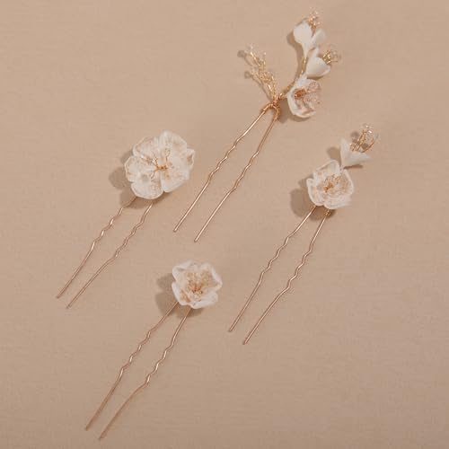 4Pcs Bridal Hair Pins Soft Ceramic Flower Bride Wedding Hair Accessories Hair Piece for Women and Girls - Gold