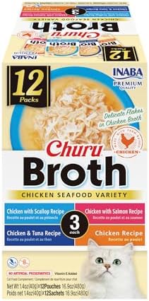 INABA Churu Broth for Cats, Creamy Broth with Shredded Chicken Side Dish Pouch, 1.4 Ounces per Pouch, 12 Pouches, Chicken & Seafood Variety
