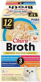 INABA Churu Broth for Cats, Creamy Broth with Shredded Chicken Side Dish Pouch, 1.4 Ounces per Pouch, 12 Pouches, Chicken & Seafood Variety
