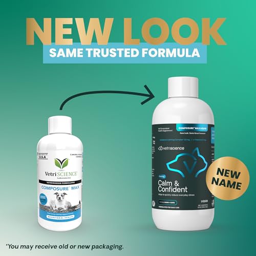 VetriScience Calm & Confident Liquid, Composure Calming and Anxiety Supplement for Dogs and Cats, Reduce Stress and Fear, Ideal for Thunderstorms, Fireworks, Vet & Routine Changes, Unflavored, 8 oz
