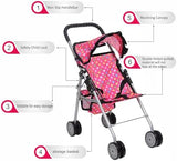 fash n kolor - My First Baby Doll Stroller - Pink Polka Dot Doll Stroller with Basket- Soft Grib Handle. Foldable with Hood Toy Doll Pram Baby Doll Accessories. With 2 Free Bonus Doll Bottles Included