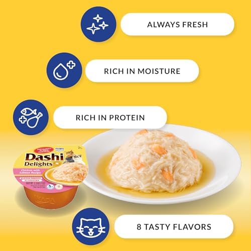 INABA Dashi Delights for Cats, Shredded Chicken with Bonito Flake Broth, 2.5 Ounce Cup, 12 Cups Total, Seafood Variety