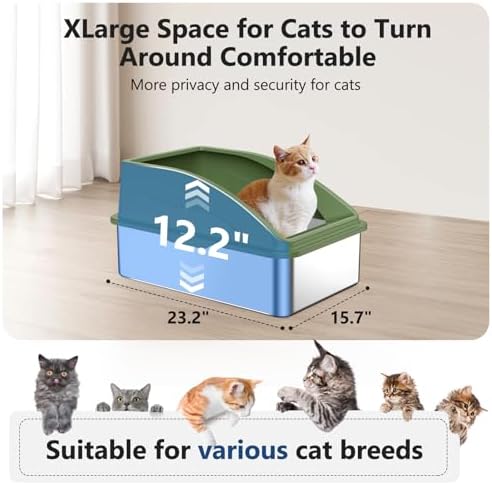 Stainless Steel Cat Litter Box, Extra Large Litter Boxes for Big Cats, XL Metal Cat Litter Box with Lid, Anti-Urine Leakage, Non-Sticky, Include Cat Mat and Litter Scoop
