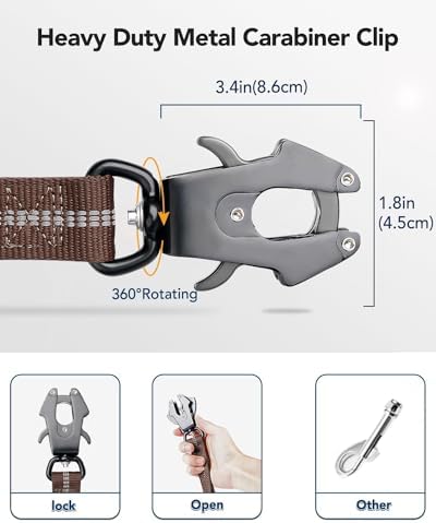 Joytale Tactical Dog Leash Heavy Duty, 4-6FT Shock Absorbing Bungee Lead with 2 Padded Handle, Metal Carabiner Clip, Car Seatbelt, Strong No Pull Leash for Medium Large X-Large Dogs, Brown