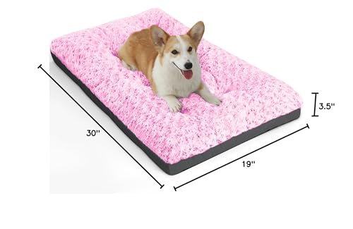 POCBLUE Dog Bed Medium Sized Dog, Washable Plush Pet Bed for Crate, Anti-Slip Pet Mat for Cages, Comfy Crate Pad for Outdoor/Indoor/Car Use, Soft Kennel Pad for Dogs Up to 40 lbs, 29"x19", Pink