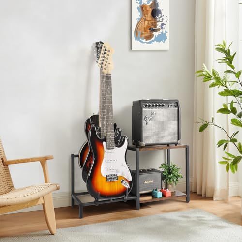 Bikoney Guitar Stand,3 Electric Bass Guitar Stand Floor with Guitar Amp Stand,Guitar Rack for Multiple Guitars and Guitar Accessories, Adjustable Guitar Holder, Guitar Display for Music Studio Home