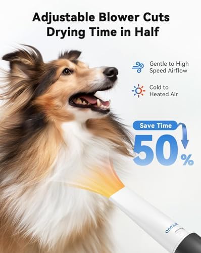 oneisall Dog Vacuum & Dryer for Shedding Grooming, 8 in 1 Dog Grooming Kit with Metal Blades Pet Clippers, Adjustable Speed and Temperature Control Dog Blower