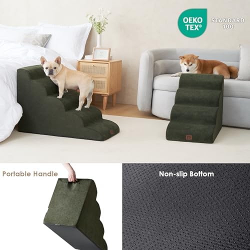 EHEYCIGA Curved Dog Stairs Ramp for High Beds 19.7" H, 4-Step Dog Steps for Small Dogs and Cats, Pet Stairs for High Bed Climbing, Non-Slip Balanced Pet Step Indoor, Olive Green