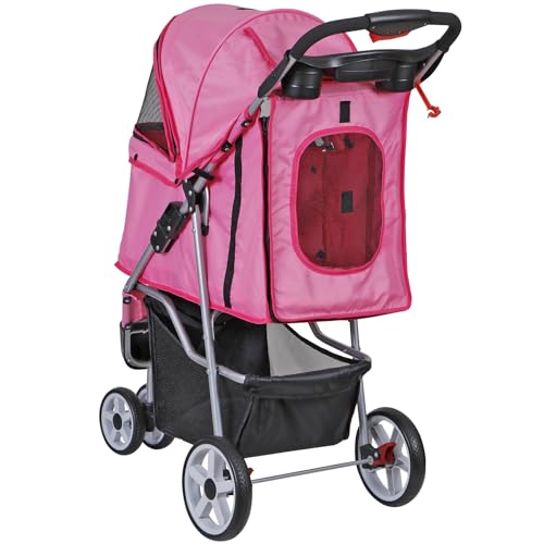 Foldable Pet Stroller for Cats and Dogs 3 Wheels Carrier Strolling Cart with Weather Cover, Storage Basket + Cup Holder (Pink)