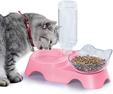 MILIFUN Double Dog Cat Bowls - Pets Water and Food Bowl Set, 15°Tilted Water and Food Bowl Set with Automatic Waterer Bottle for Small or Medium Size Dogs Cats