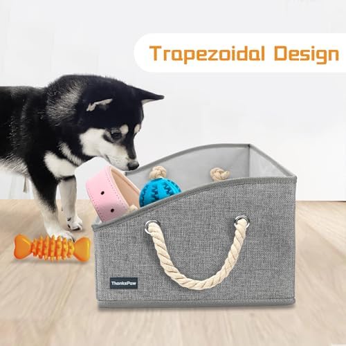 Dog Toy Box, Large Dog Toys Storage with Handle, Fabric Trapezoid Dog Toy Bin, Collapsible Basket Chest Organizer, Perfect for Pet Toys, Blankets, Dog Toys and Accessories,Light Grey