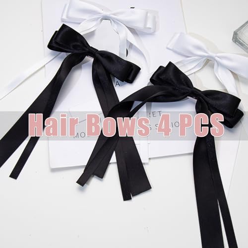 Oversized Long-Tail Hair Bows Set - 4 PCS Ribbons and Large Barrettes for Cute Aesthetic Hair Accessories for Girls (Black White)