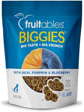 Fruitables Biggies Dog Biscuits – Crunchy Dog Biscuits Made with Pumpkin – Healthy Dog Treats Packed with Real Fruit Flavor – Free of Wheat, Corn and Soy – Pumpkin & Blueberry – 16 oz