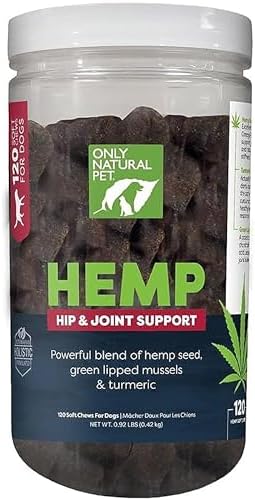 Only Natural Pet Hemp Hip & Joint Support for Dogs - Supplement for Mobility Wellness Pain Relief Healthy Inflammatory & Bone Stiffness - Chews w/Fatty Acid Blend Mussels & Turmeric - 120 Count