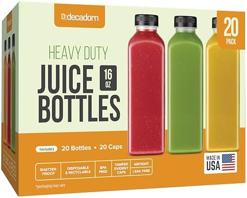 16oz 20pcs Juice Bottles With Caps - MADE IN USA Juice Containers With Lids For Fridge - Juicer Bottles With Tamper Evident Caps, Shatterproof, BPA-Free, Leak proof, Disposable & Recyclable