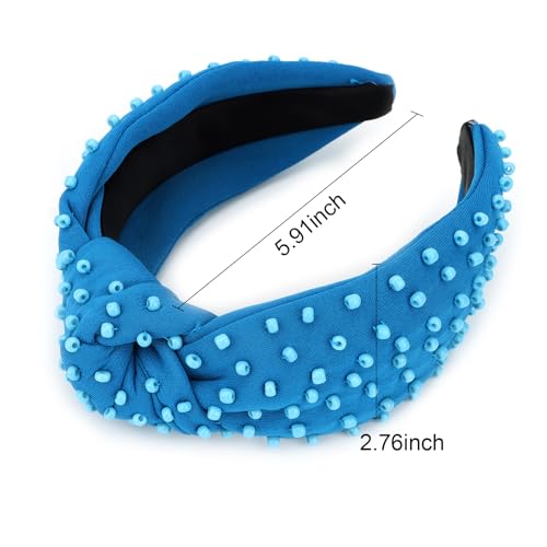 YISSION 1PC Pearl Knotted Headband for Women Non Slip Beaded Headband Wide Pearl Headbands for women Jeweled Embellished Hairband Blue Head Band Hair Accessories for Women Girls