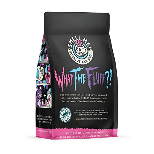 Bones Coffee Company What the Fluff?! Flavored Coffee Beans, Whole Bean Coffee Medium Roast Low Acid, Berry Cotton Candy Flavor (12 oz)