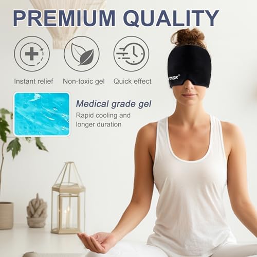 Migraine Relief Gel Ice Head Wrap, Hot and Cold Therapy Headache Relief Hat, Migraine Cap for Puffy Eyes, Headache Eyes Mask for Sinus, Tension and Stress Relief (Black & Blue)
