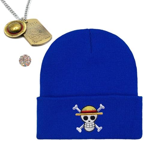 Zaky Anime One P. Beanie Hats Skull Skeleton Knit Hat Luffy Costume Cosplay Necklace with Cartoon Character Stickers 12 pcs