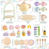Wooden Tea Party Set for Little Girls Toddler Tea Set with Cupcake Stand & Food Dessert, Play Kitchen Accessories for Toddlers 2 3 4 5 6 Years Old, Wooden Toys Birthday Kids Girls Gifts 3-6