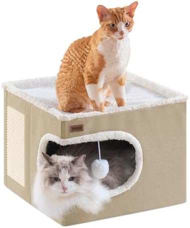 Cat Bed for Indoor Cats Cube House, Covered Cat Cave Beds & Furniture with Scratch Pad and Hideaway Tent, Cute Modern Cat Condo for Multi Small Pet Large Kitten Kitty, Khaki