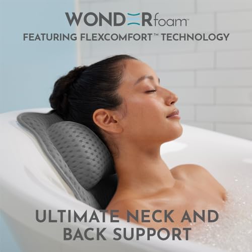 WONDERfoam Thick Padded Ergonomic Bath Pillow for Tub, Bathtub Headrest Neck and Back Support, Strong Suction, Machine Wash, Breathable Mesh Quick Dry Pillows, Luxury Bathtub and Spa Accessories, Gray