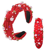 Valentine’s Day Pearl Headband for Women Holiday Red Pink Crystal Jeweled Knotted Headband Red Wide Top Knot Headband Valentine’s Day Hair Accessories Gifts (Valentine -pearl Red)