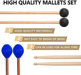 Drum Mallets Kit – 3 Pairs (Rubber, 5A, Marimba) with Drum sticks Bag, Percussion instrument Accessories for Steel Drum, Glockenspiel, Bass Drum, Cymbals, Xylophone Mallets for Beginners