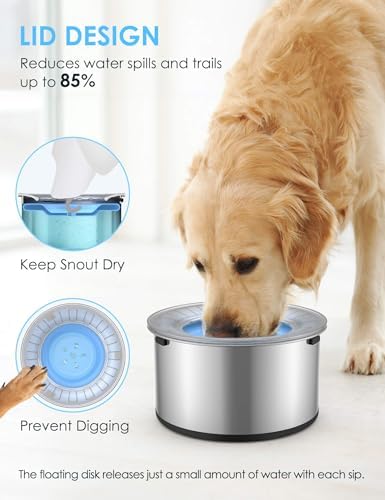1Gallon Large Dog Water Bowl No Spill, [Anti Digging Lid & Rubber Bottom] Spill Proof Dog Bowl, Anti Splash Mess Dripless Slow Drinking Stainless Steel Water Bowl for Sloppy Messy Drinkers Car