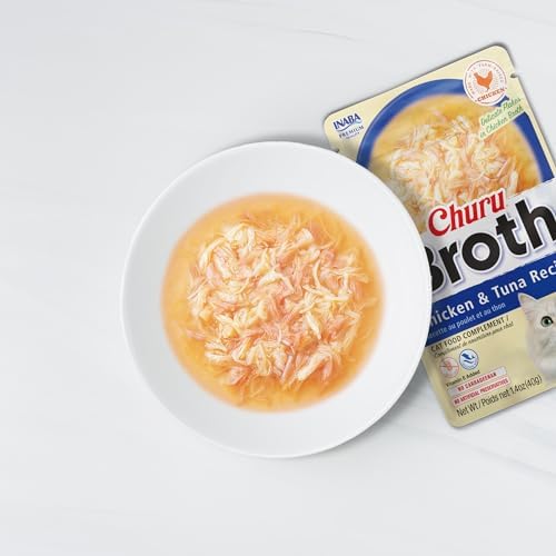 INABA Churu Broth for Cats, Creamy Broth with Shredded Chicken Side Dish Pouch, 1.4 Ounces per Pouch, 12 Pouches, Chicken & Seafood Variety