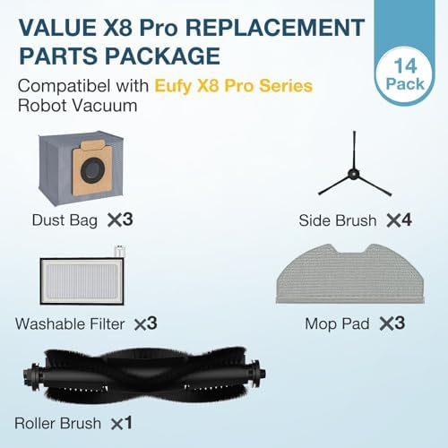 14 Pcs for Eufy X8 Pro Robot Vacuum Cleaner, X8 Pro Accessories, 1*Main Brush 3*Hepa Filters 3*Mop Pads 3*Vacuum Bags 4*Side Brushs, for eufy x8 pro accessories