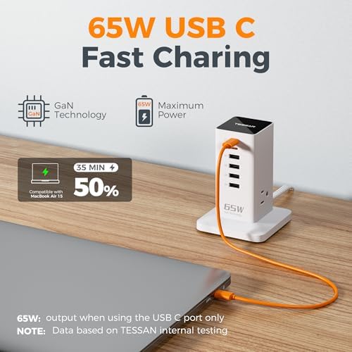 USB Charging Station for Multiple Devices PD 65W, TESSAN 9-in-1 USB C Charger Block for iPhone 16/15, MacBook, Tablet, Type C Desktop Charger with 3 AC, Home Travel Office Accessories, White