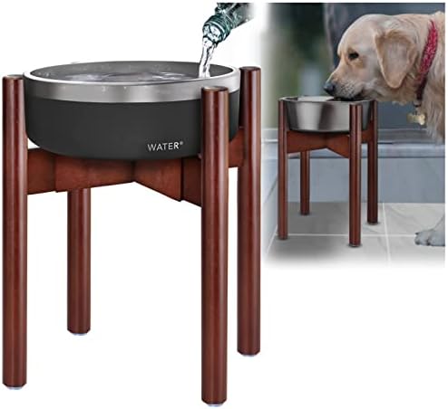 Dog Water Bowl Stand [14-in high] - Adjustable Holder for Water Fountain Dish and Feeder Bowls - Ideal for Large Breeds with 21-inch Wither Heights or Taller - Dark Wood Stand Only