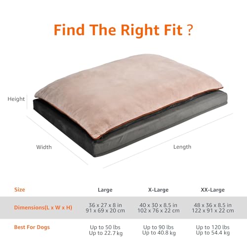 Amazon Basics Washable Dog Bed with Cooling Gel Memory Foam, Pressure-Relief Support for Dogs up to 120lbs, Non-Slip Bottom, Removable Cover, Giant Sized (48" x 36"), Grey