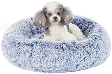 Bedfolks Calming Donut Dog Bed, 23 Inches Round Fluffy Dog Beds for Small Dogs, Machine Washable Anti-Anxiety Plush Puppy Bed（Navy Blue, Small）