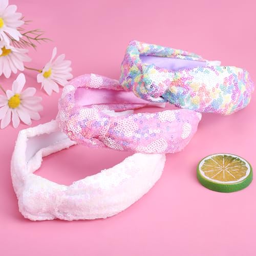 Fishown Sequin Headbands for Girls, 3 Pack Knotted Headband for Girls, Sparkly Girl Hair Bands Glitter Hair Accessories for Girls