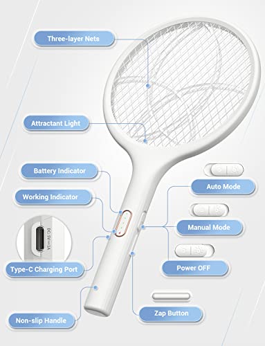 YISSVIC Electric Fly Swatter 4000V Bug Zapper Racket Dual Modes Mosquito Killer with Purple Mosquito Light Rechargeable for Indoor Home Office Backyard Patio Camping (White 2 Pack)